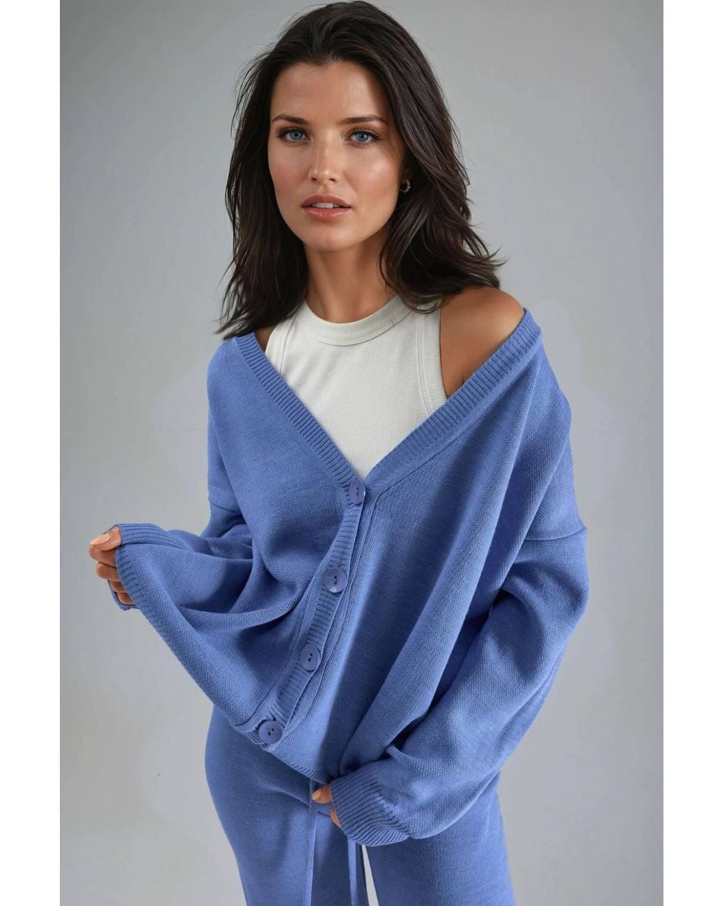 My Fashion Blue V-Neck Cardigan & Wide Leg Pants Knitwear Set