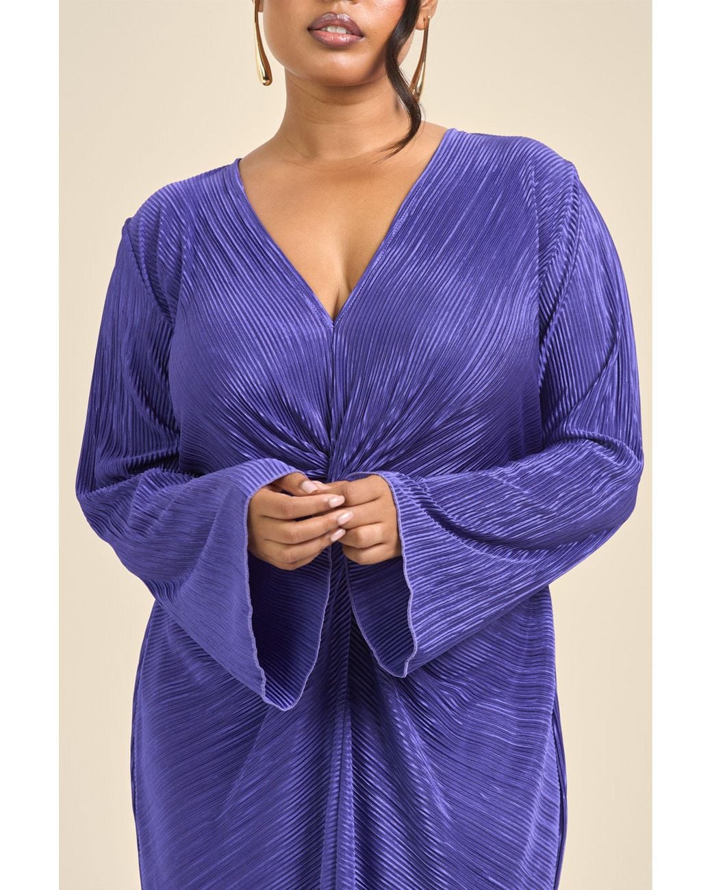 FASHION-SZN Blue Curve Twist Front Flare Sleeve Plisse Midaxi Dress