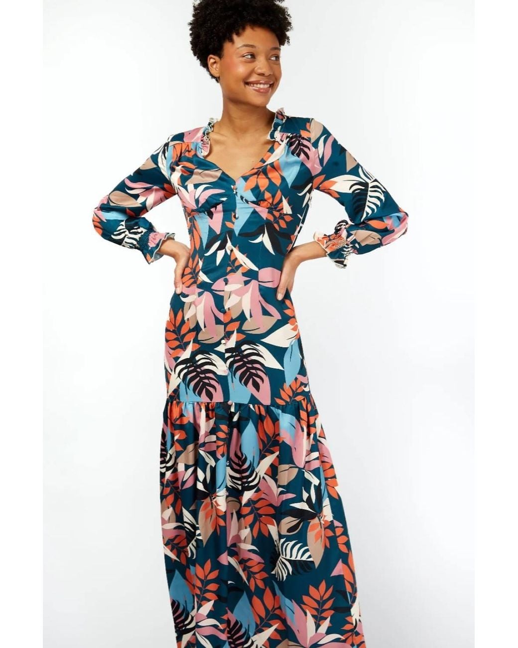 Little Mistress Blue Barcelona Leaf Print Satin Frill Maxi Dress