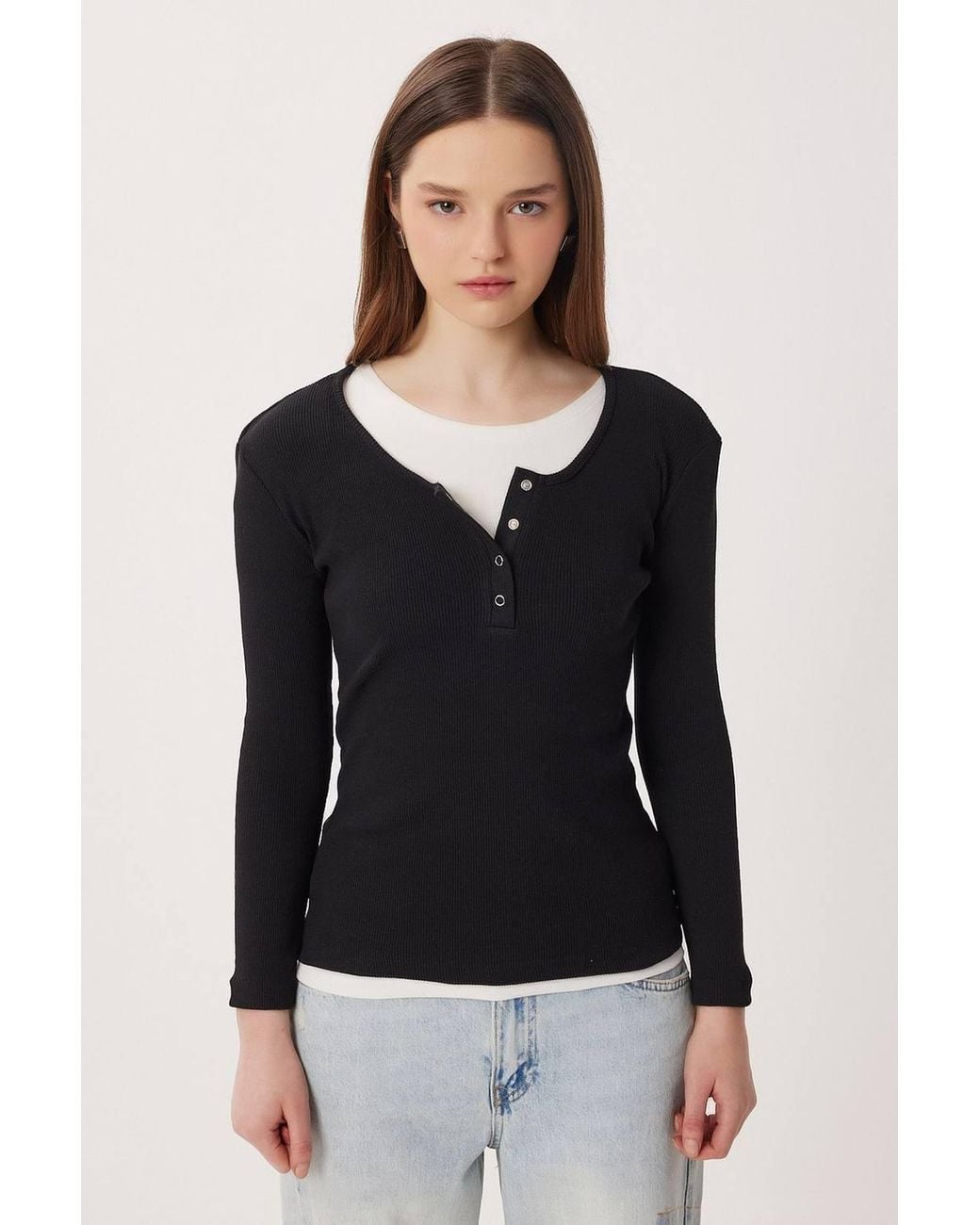Happiness İstanbul Black Slim Fit Ribbed Button-Up Long Sleeve Blouse