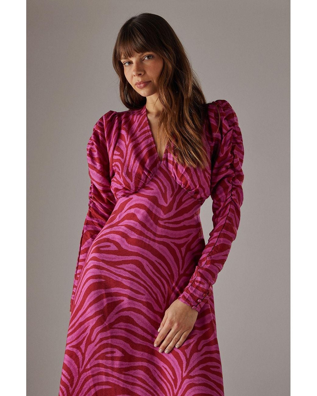 Warehouse Pink Zebra Print Viscose V Neck Long Puff Sleeve Midi Dress