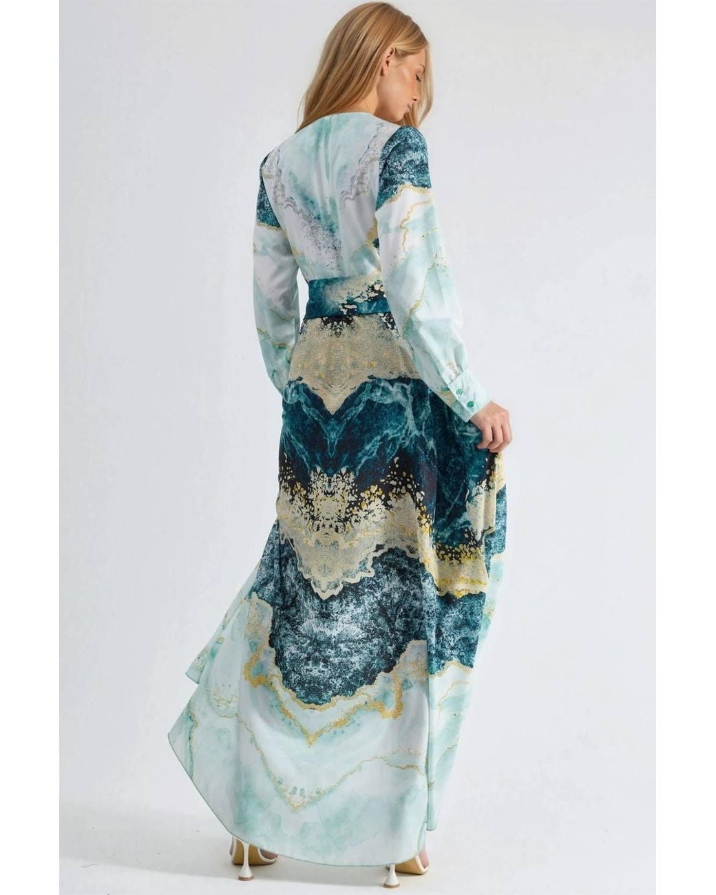 Msn-Collection Blue Abstract Print Long Sleeve Maxi Dress With Tie Detail