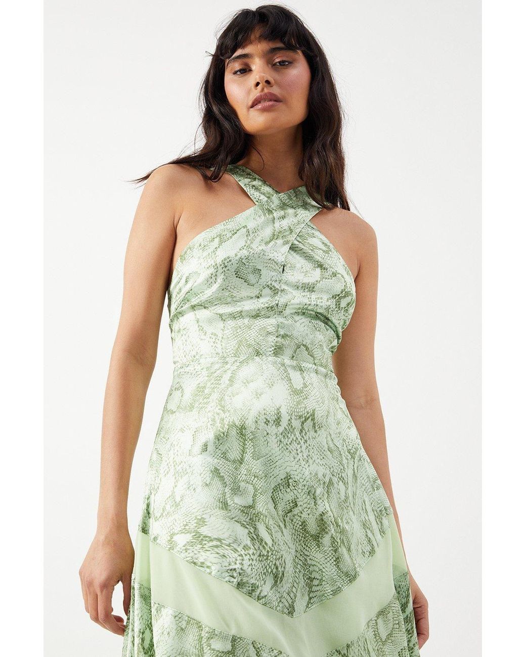 Warehouse Green Snake Print Satin Cross Front Chiffon Insert Hanky Hem Midi Dress