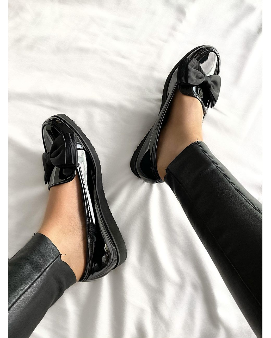 Miss Diva Black Ada Bow Detail Cleated Flatform Sole Loafers