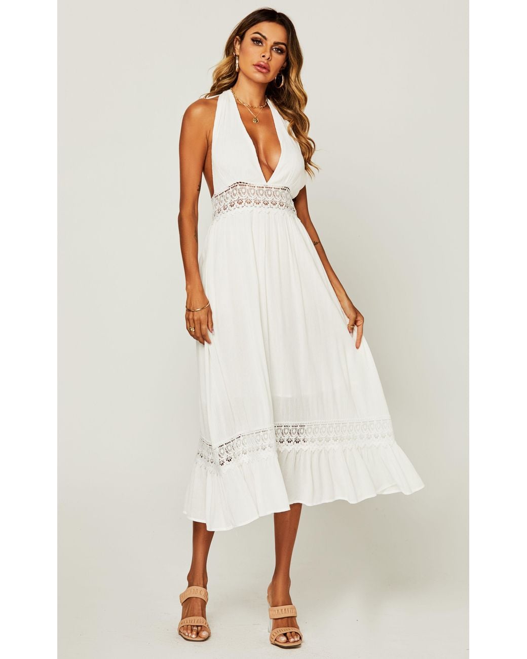 FS Collection Natural Lace Detail Adjustable Deep V Neckline Maxi Dress