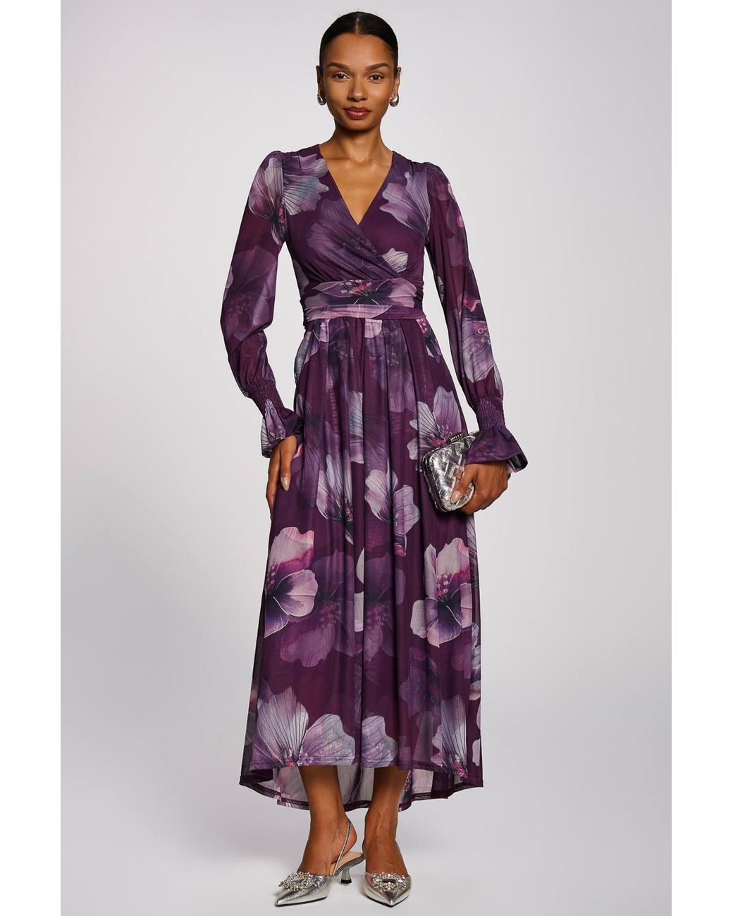 Jolie Moi Purple Long Sleeve V Neck Mesh Maxi Dress