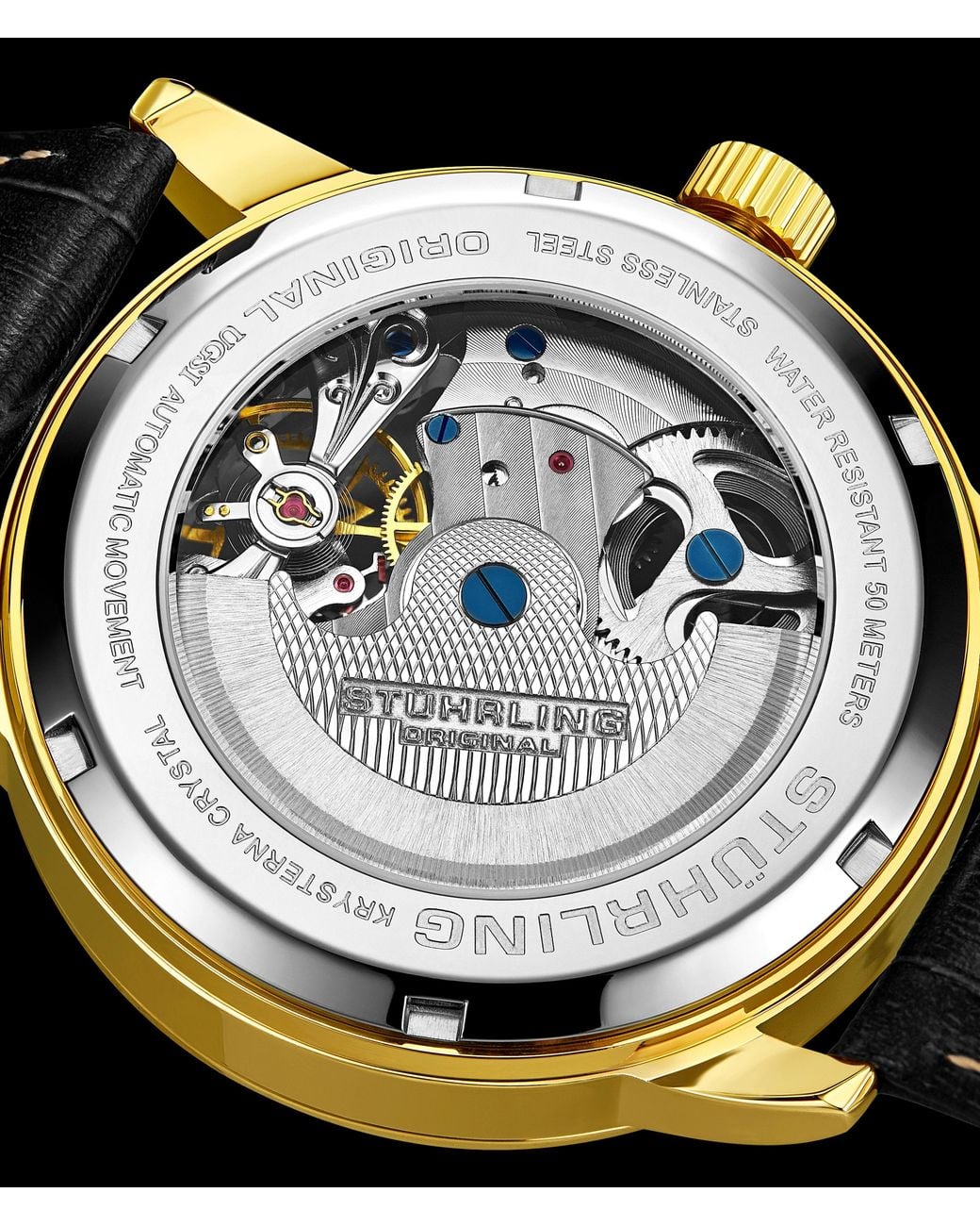 Stuhrling Gray Stuhrling 3917 Automatic Skeleton Watch Dual Time Subdial, Am/Pm Indicator, & Alligator-Embossed Leather Strap For for men