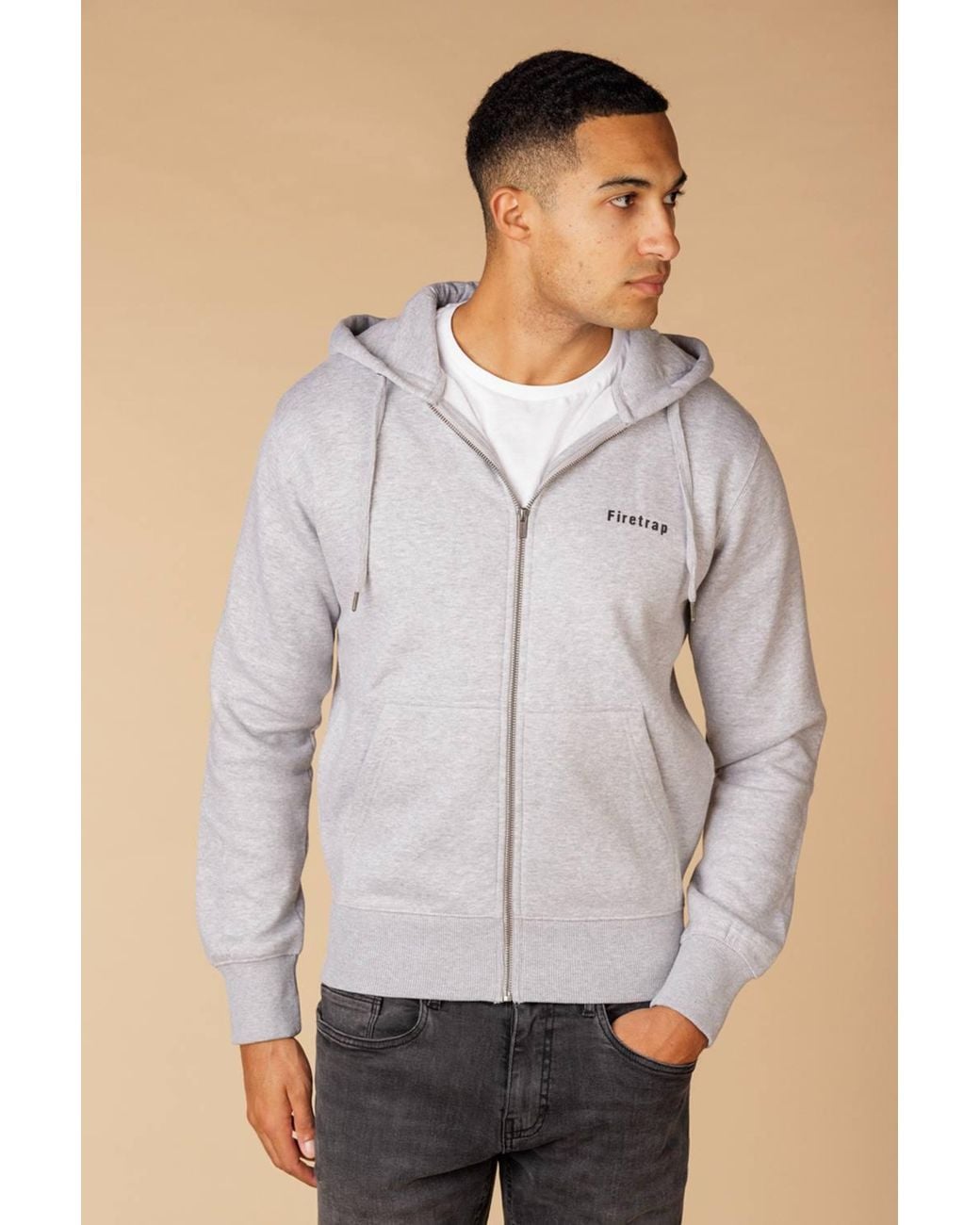 Firetrap Gray Regular Fit Cotton Rich Zip Through Hoody With Drawstring for men