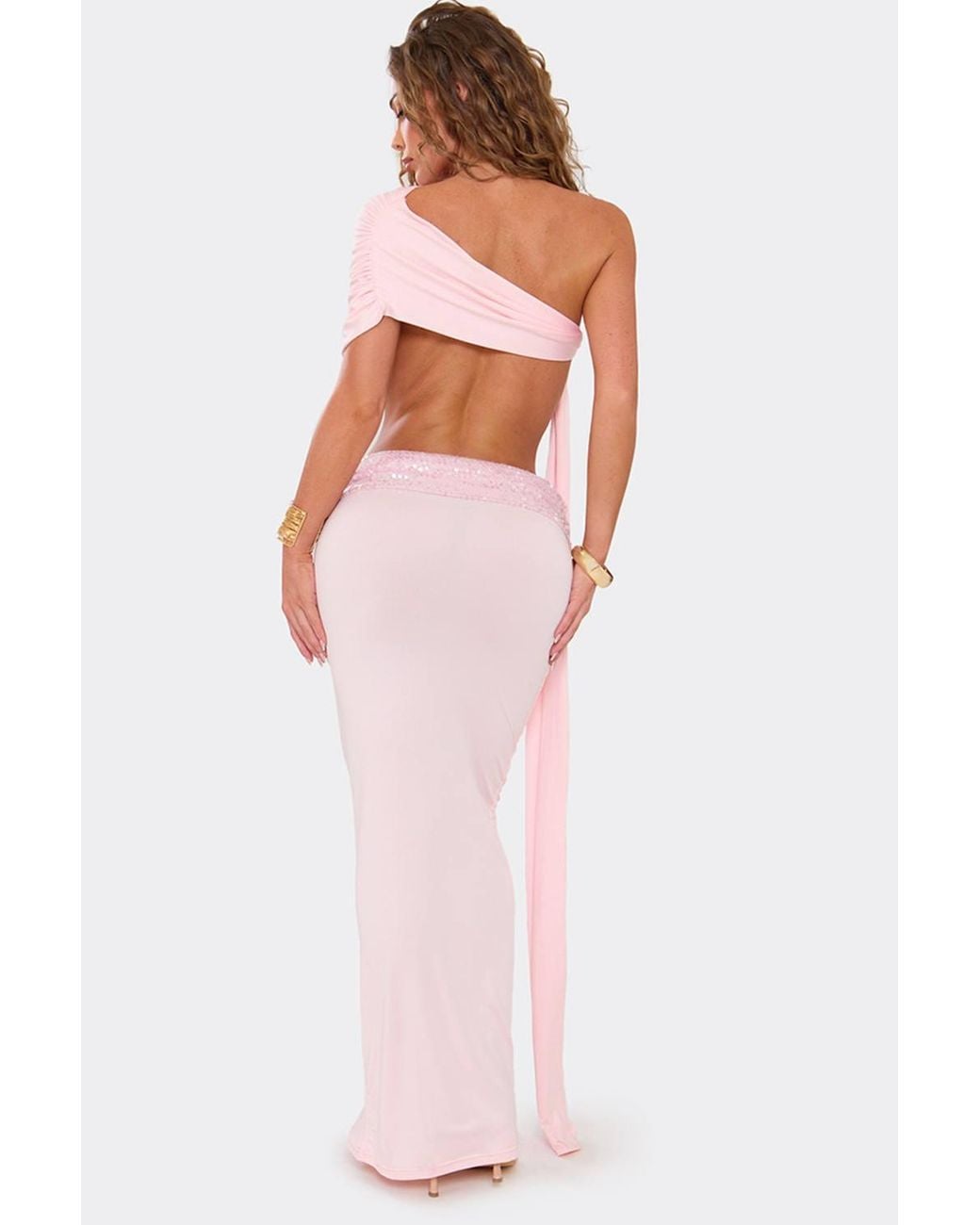 EGO Pink Strappy Off-The Shoulder Drape Slinky Maxi Top