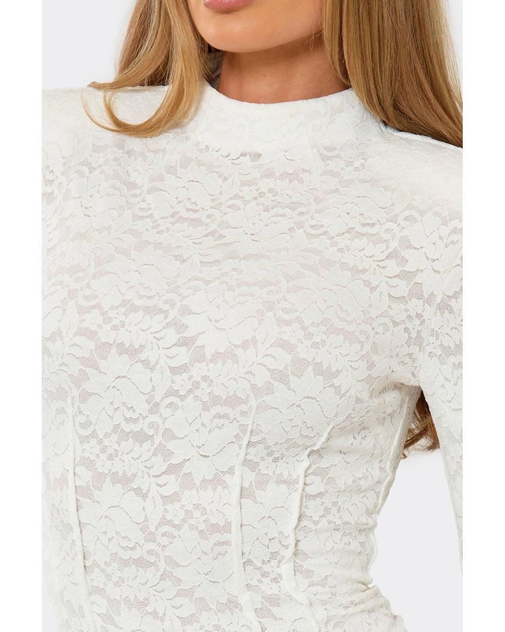 EGO White Long Sleeve High Neck Lace Top