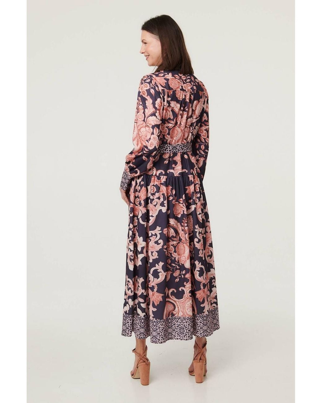 Izabel London Red Border Print High Neck Maxi Shirt Dress