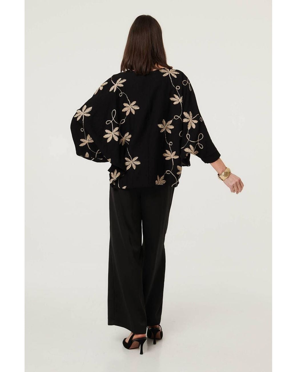 Izabel London Black Floral Embroidered 3/4 Sleeve Top