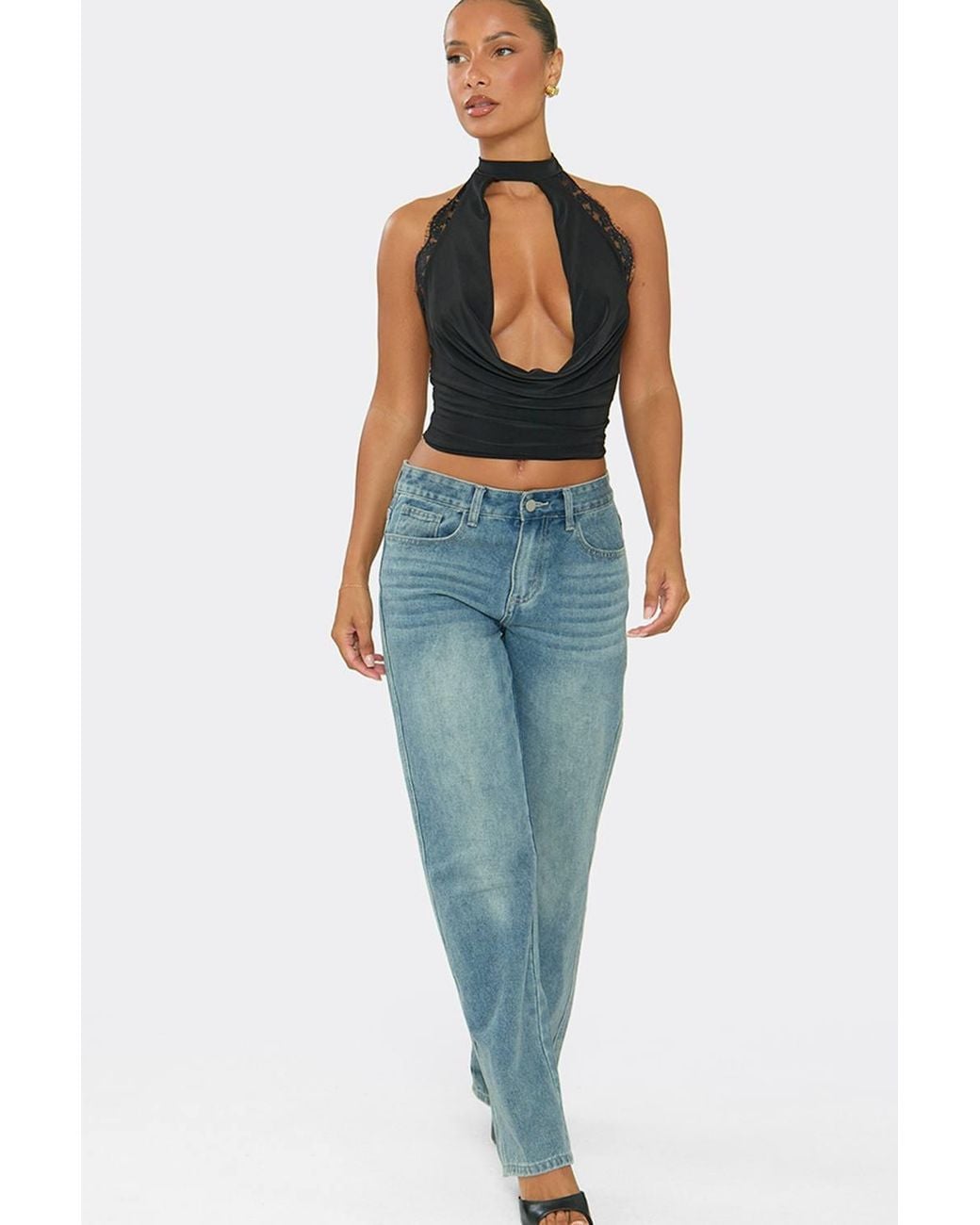 EGO Blue Sleeveless High Neck Lace Trim Top