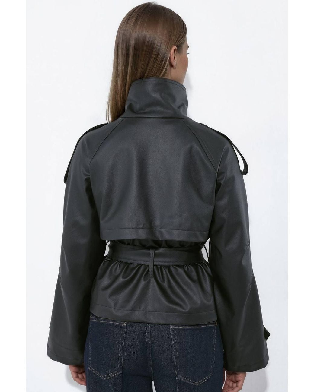 Hiccup Black Short Faux Leather Trench Coat