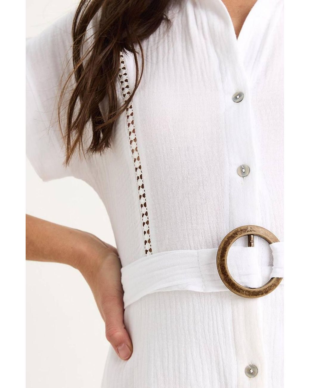 Bianco Lucci White Textured Cotton Midi Dress With Shirt Collar