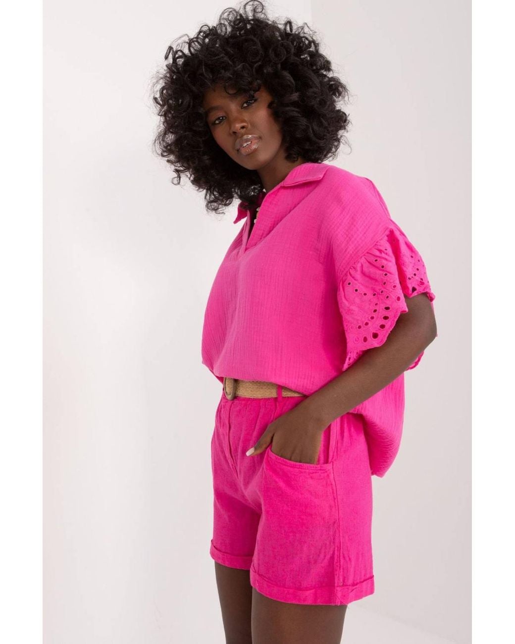 Love Lace Pink Linen Cotton High Rise Buckled Shorts