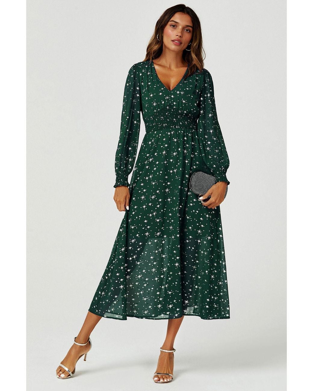 FS Collection Green Sliver Star Foil V Neckline Long Sleeve Maxi Dress