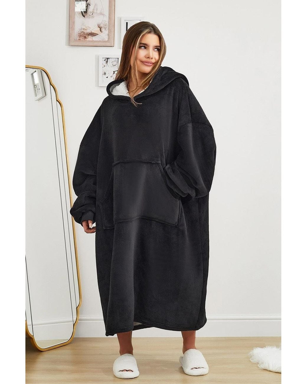 OHS Blue Coral Fleece Extra Long Hoodie Blanket Sherpa Loungewear