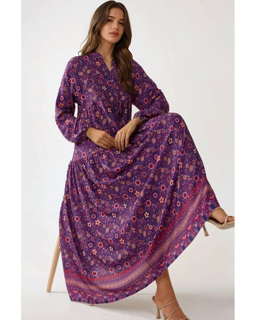Hiccup Purple Printed V-Neck Maxi Dress With Buttons