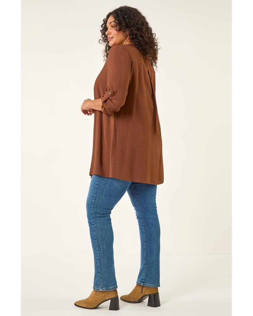 Roman Green Curve Textured Buttoned Tunic Top