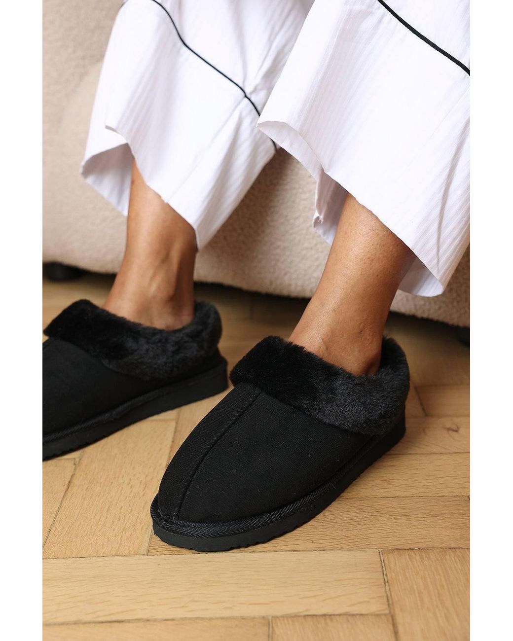 Where's That From Black Inaya Mule Slippers With Faux Fur Collar Trim