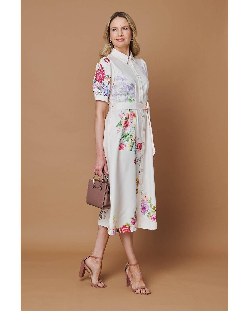 Izabel London Brown Floral 1/2 Sleeve Tie Waist Midi Dress