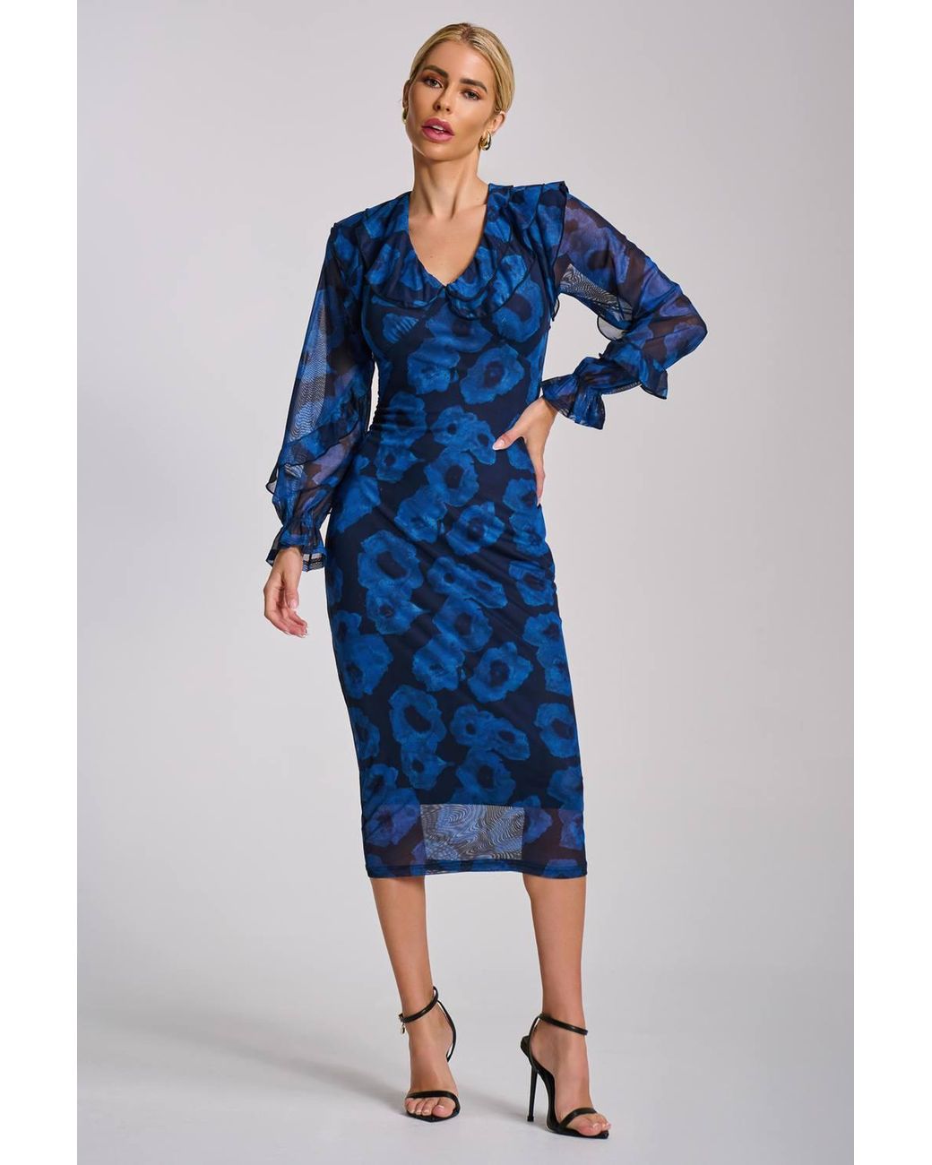 Jolie Moi Blue Long Sleeve Ruffle Detail Mesh Bodycon Dress