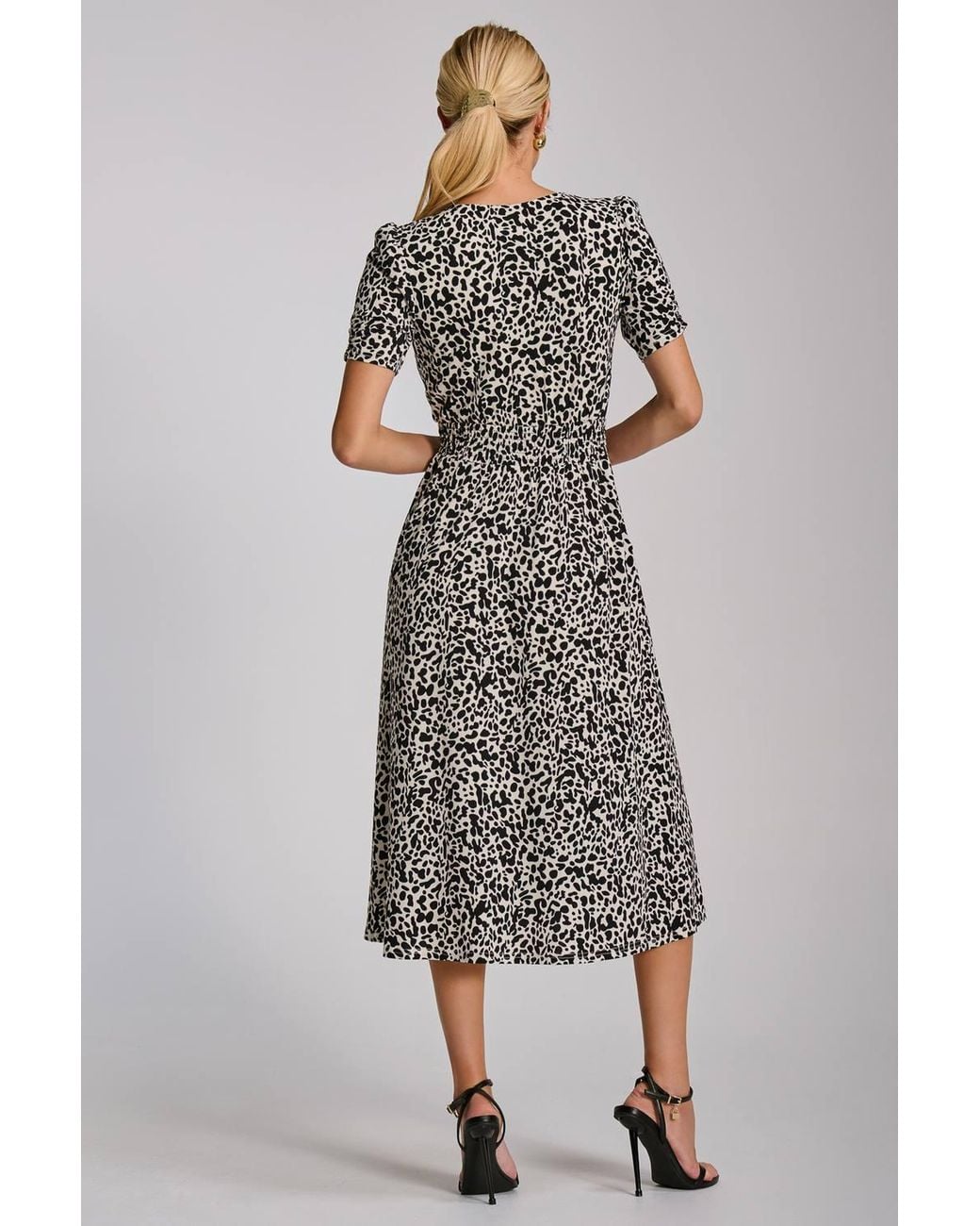 Jolie Moi Gray Short Sleeve Printed Jersey Midi Dress