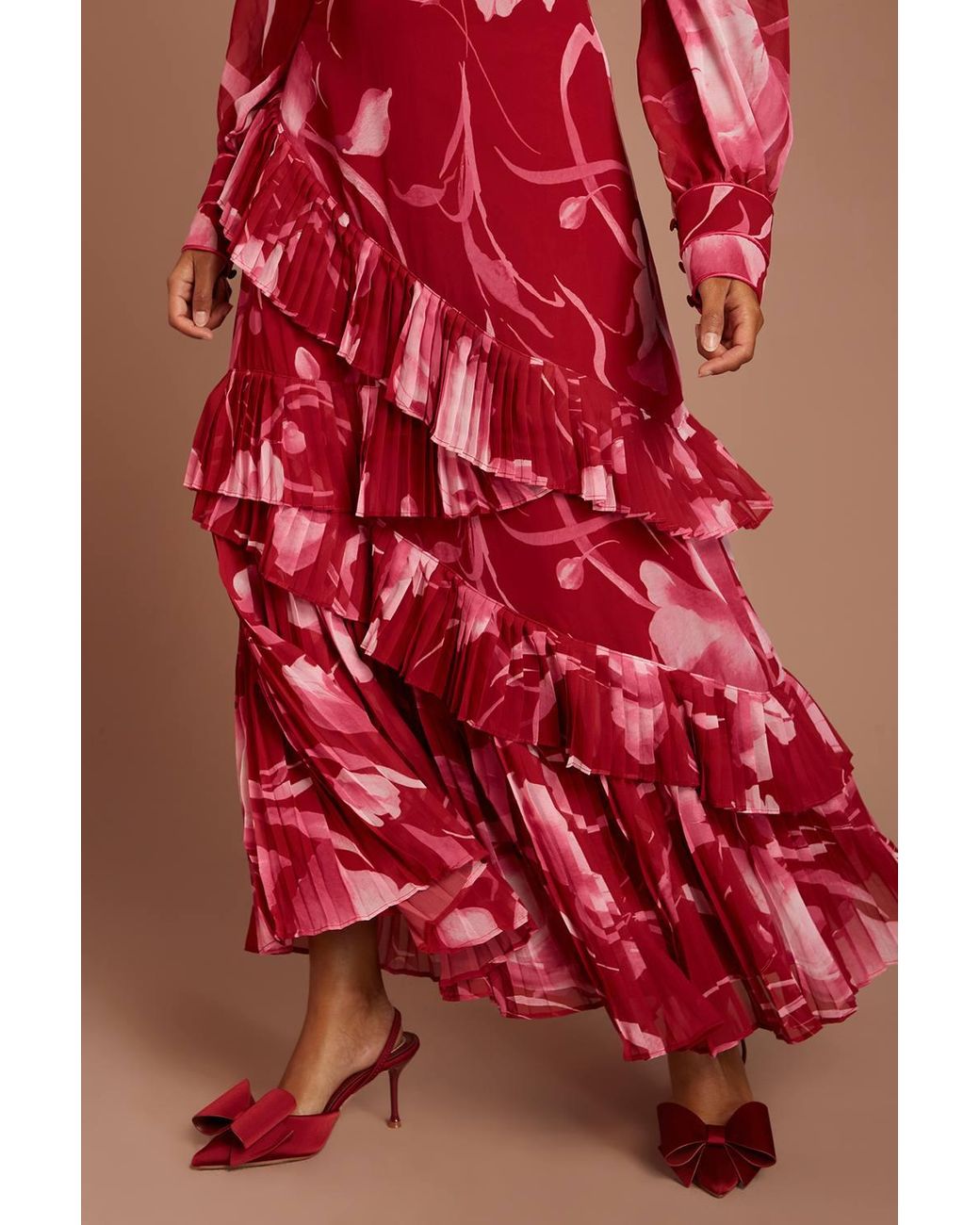 Coast Petite Printed Long Sleeve Pleated Tiered Midaxi Dress