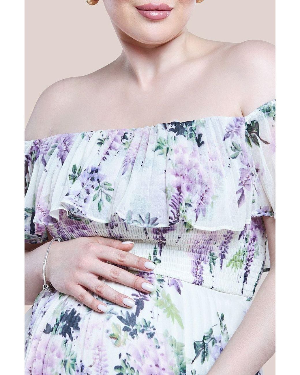 Goddiva Multicolor Maternity Shirred Chiffon Floral Bardot Midi Dress