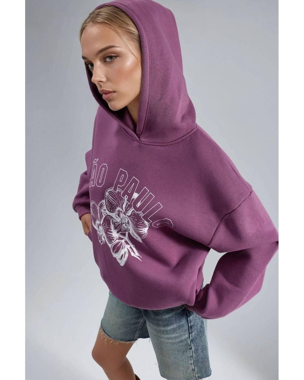 Busem Purple Oversized Printed Hooded Sweatshirt