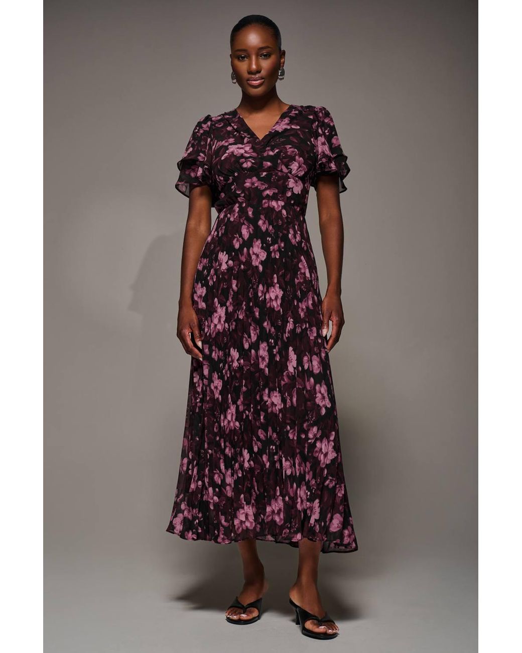 Jolie Moi Brown Chiffon Ruffle Sleeve Pleated Maxi Dress