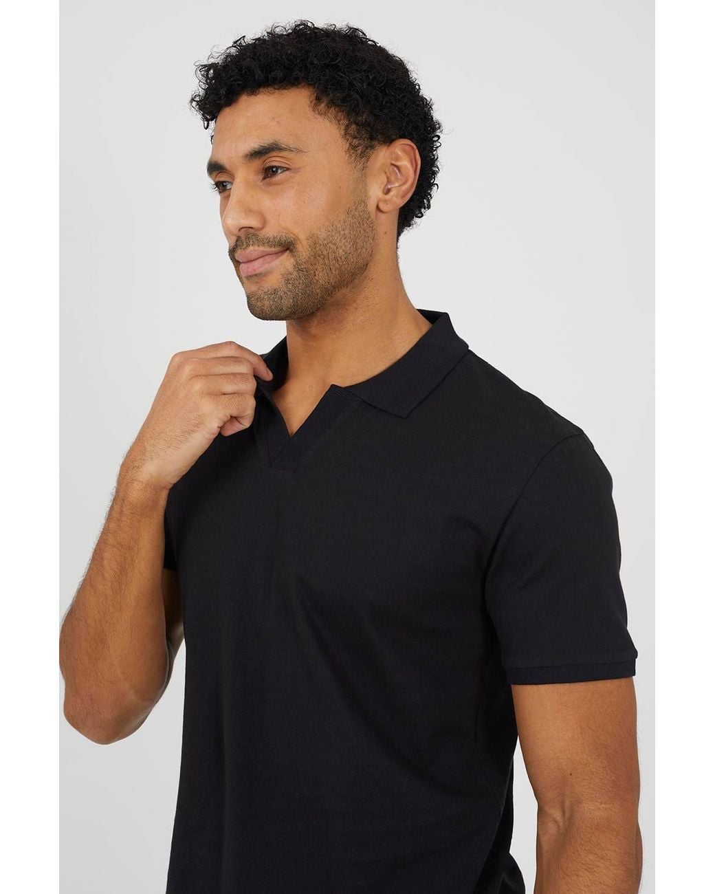 Brave Soul Black Cotton Open Collar Polo Shirt for men