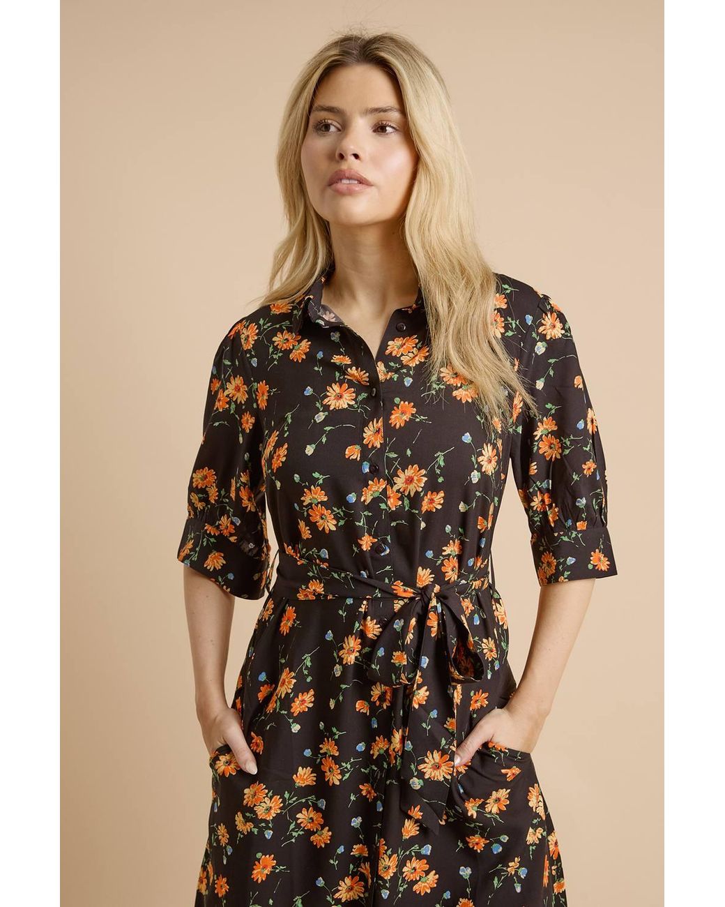 Dorothy Perkins Natural Floral Puff Sleeve Midi Shirt Dress
