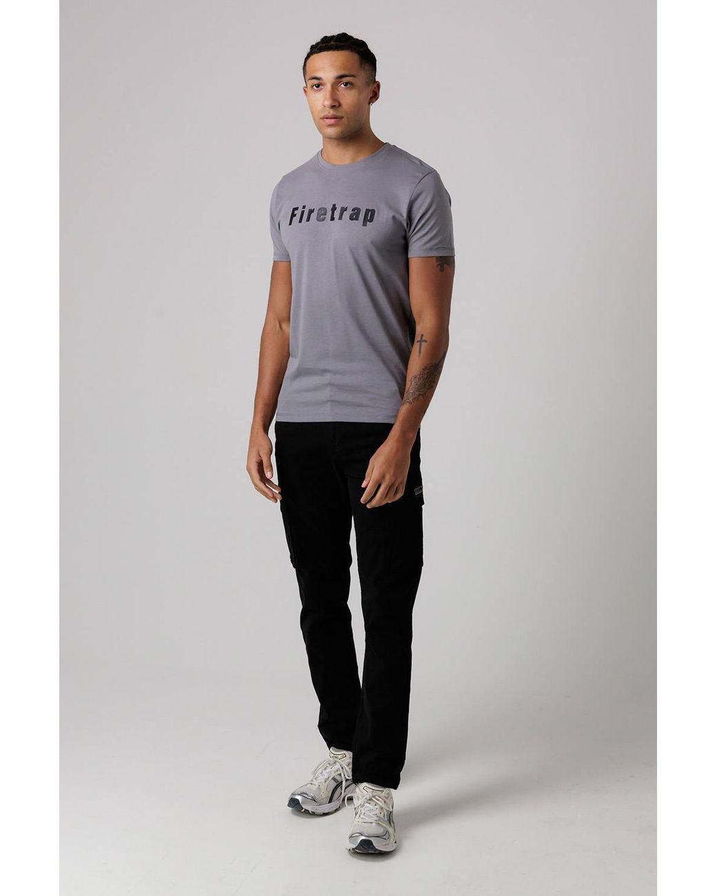 Firetrap Gray Regular Fit Cotton T-Shirt With Logo for men