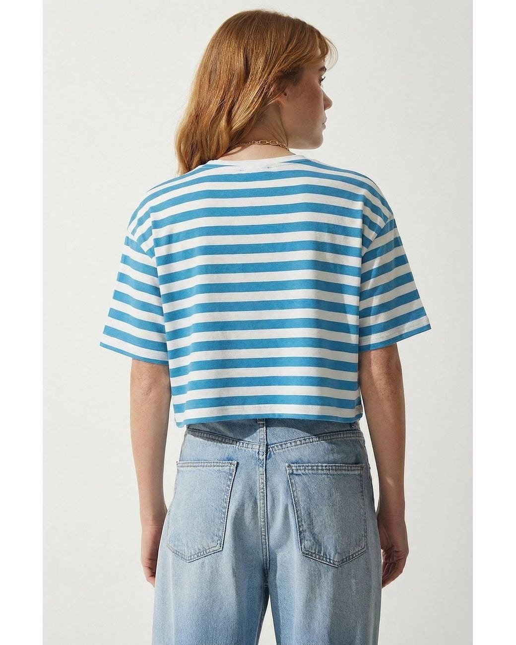 Happiness İstanbul Blue Oversized Striped Crop Crew-Neck T-Shirt