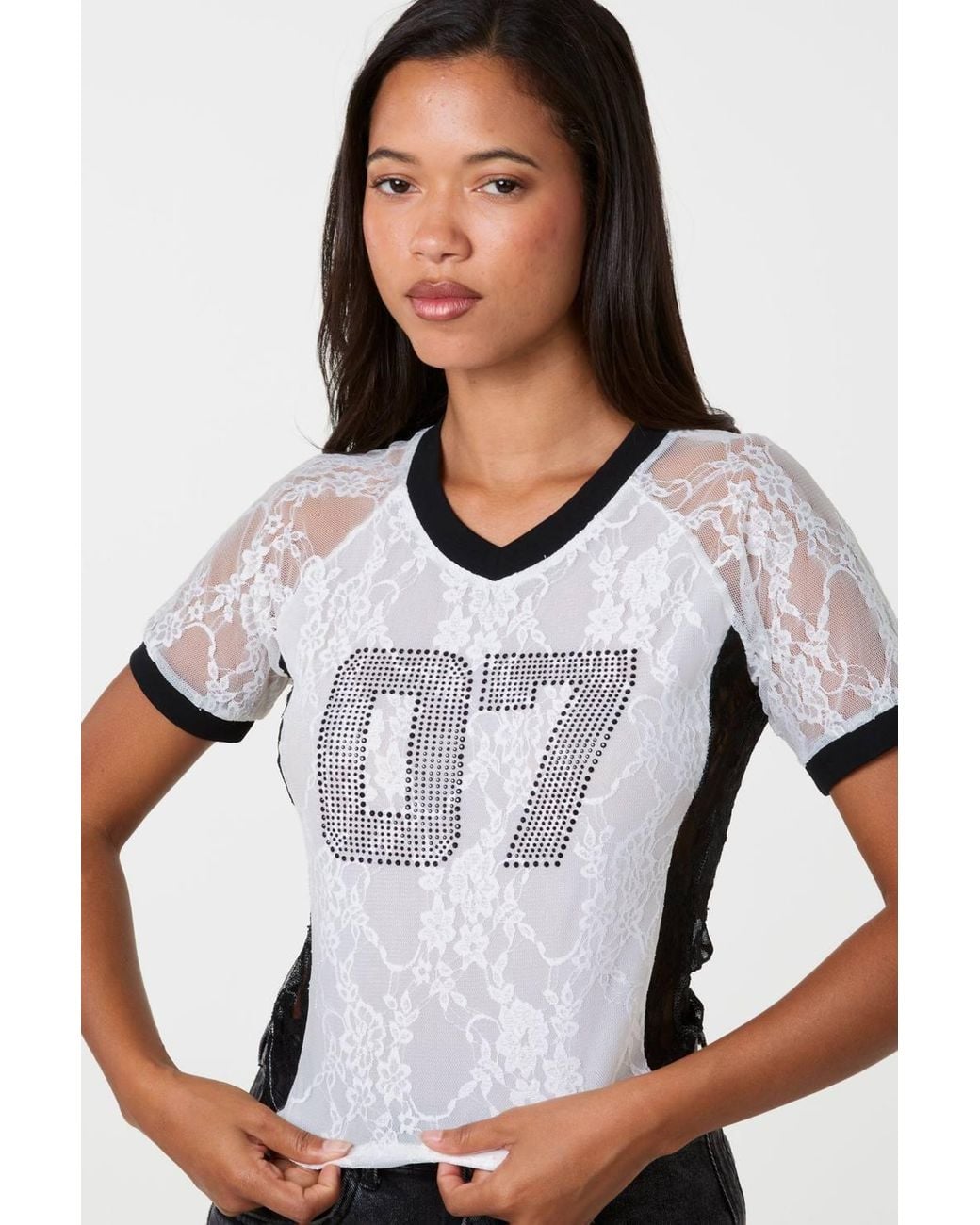 Pink Vanilla White Lace Diamante Baseball Tee