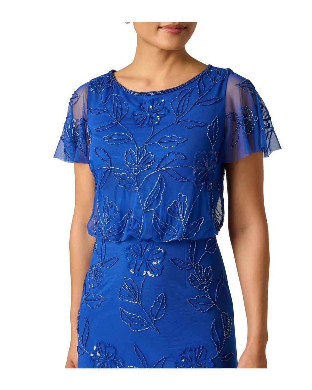 Adrianna Papell Blue Bead Blouson Long Dress