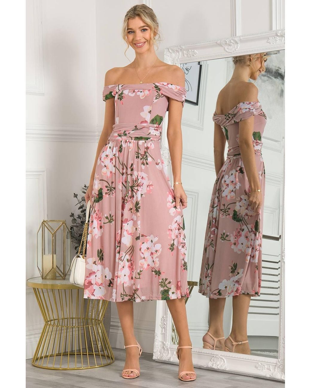 Jolie Moi Pink Rawiya Bardot Neck Mesh Dress
