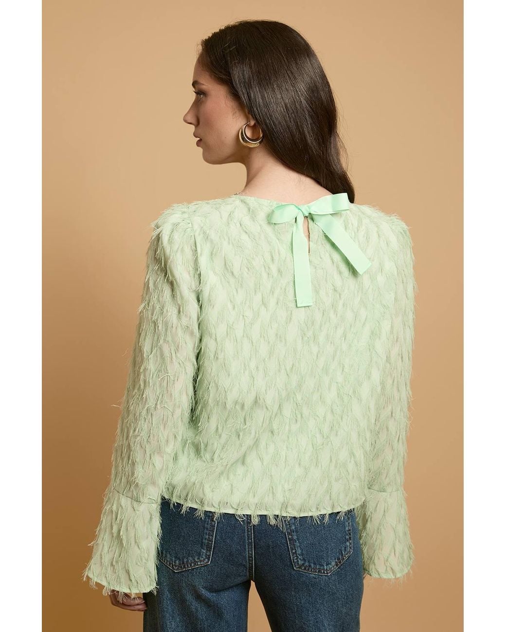 Oasis Green Flared Sleeve Tie Back Blouse