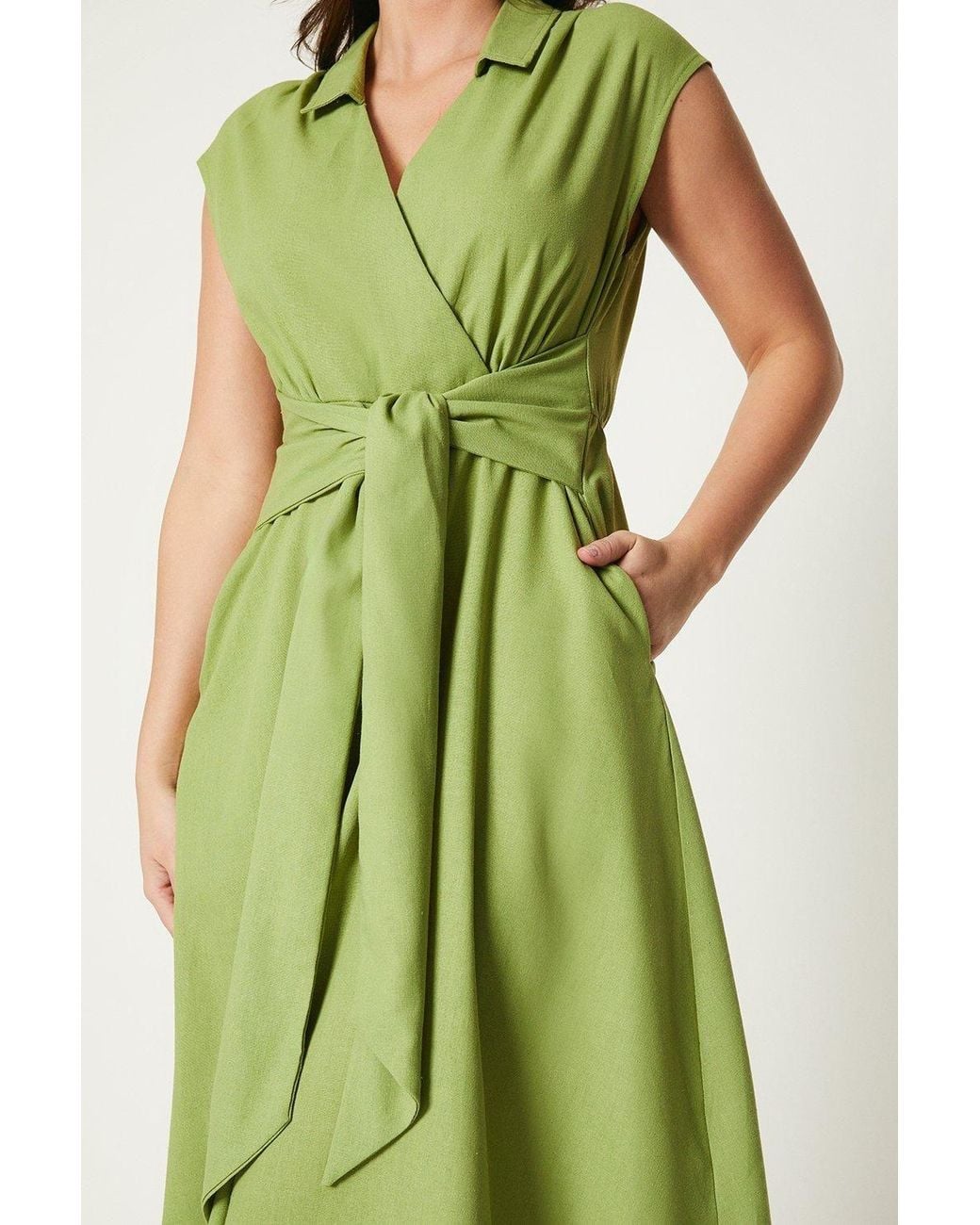 Wallis Green Linen Blend Belted Midi Dress