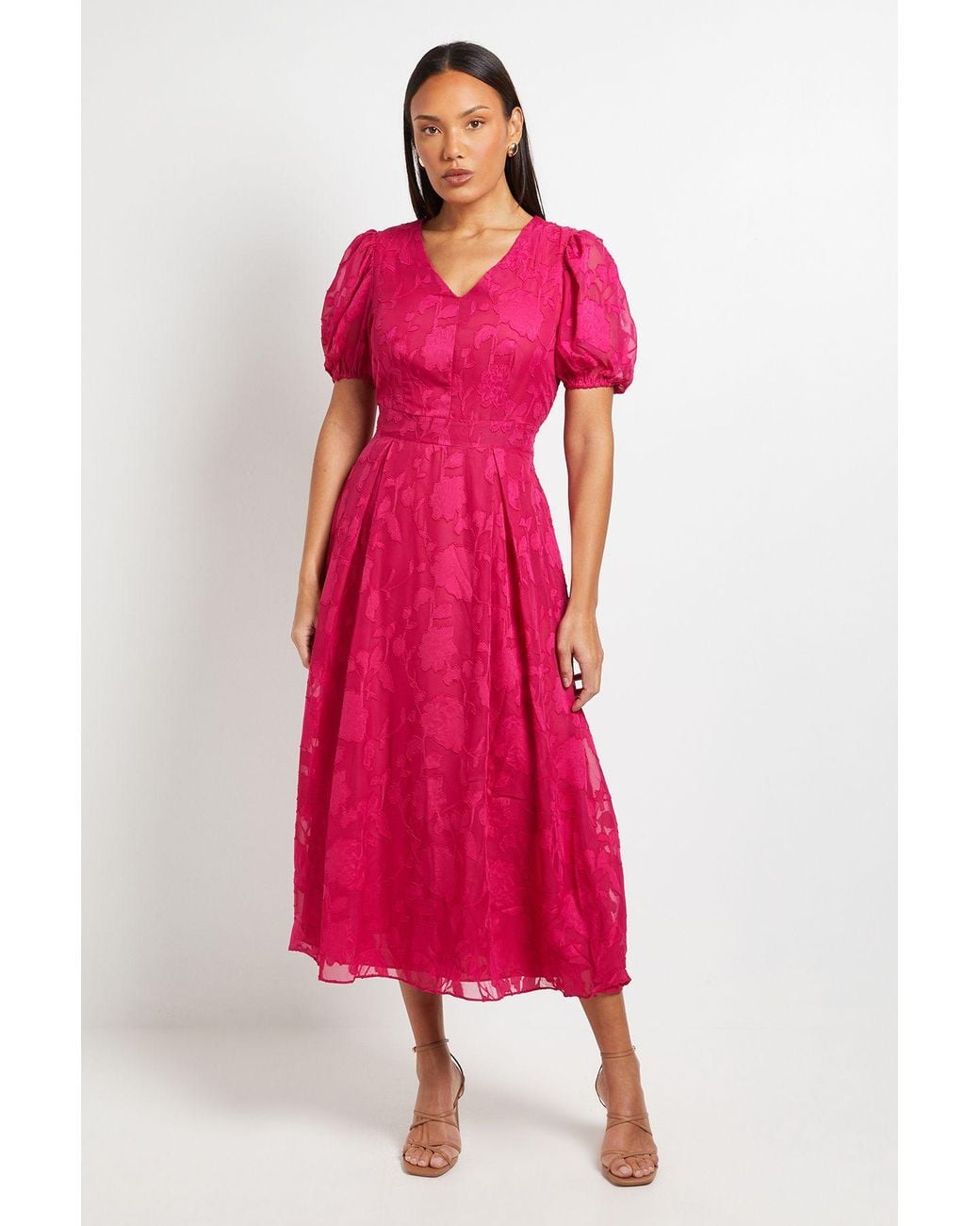 PRINCIPLES Pink Floral Jacquard Puff Sleeve Midi Dress