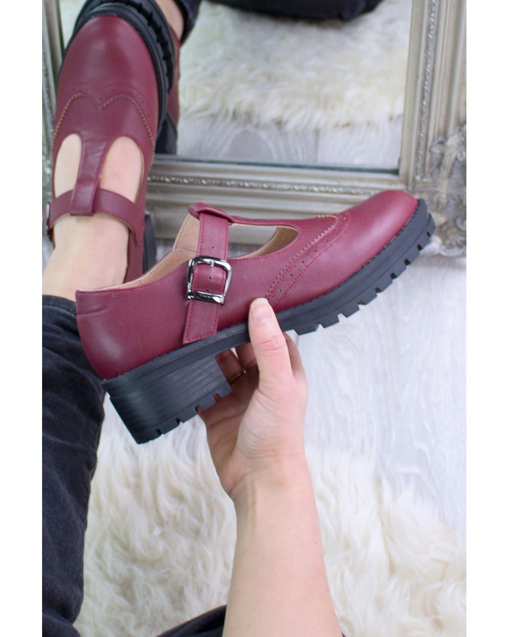 AJVANI Red Mid Heel Chunky Platform T-Bar Brogue Mary Janes
