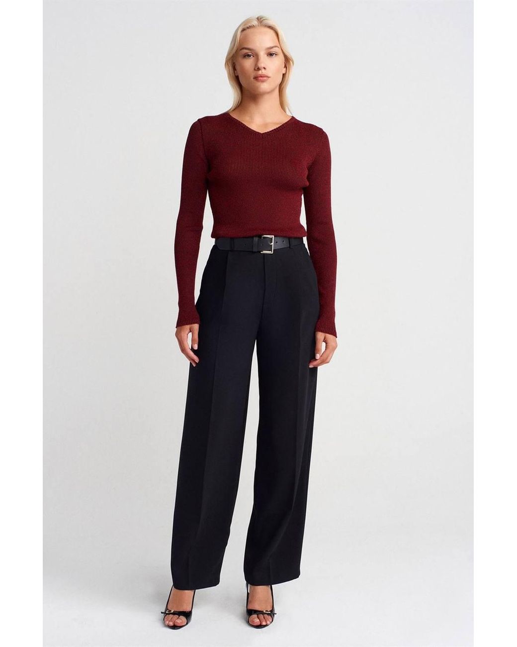 Dilvin Red Slim Fit V-Neck Ribbed Sweater
