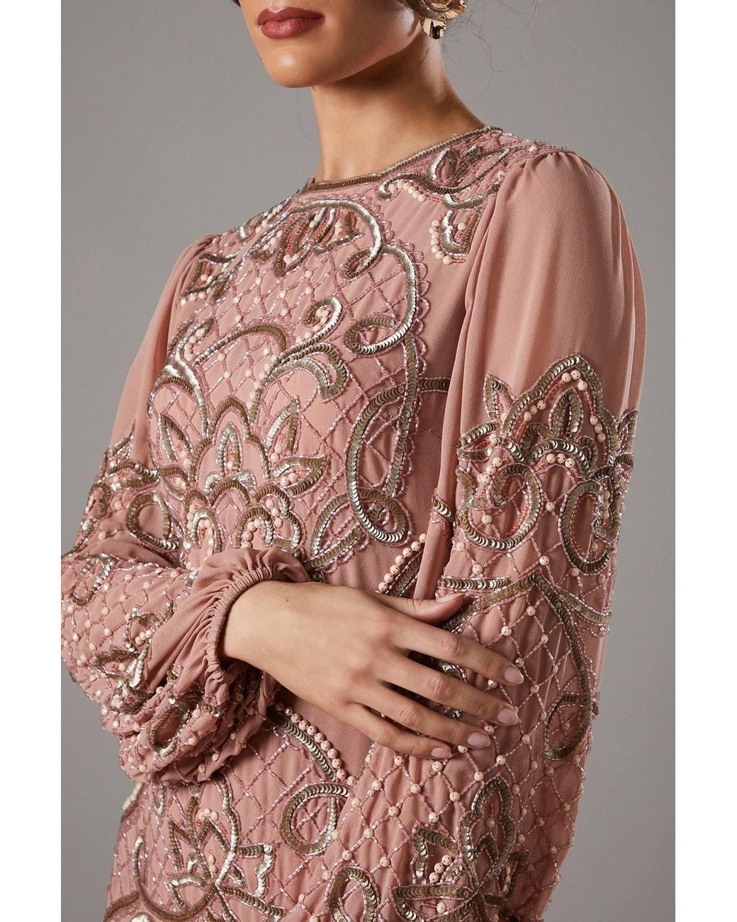 Coast Brown Muse Chiffon Embellished Mini Dress With Blouson Sleeves