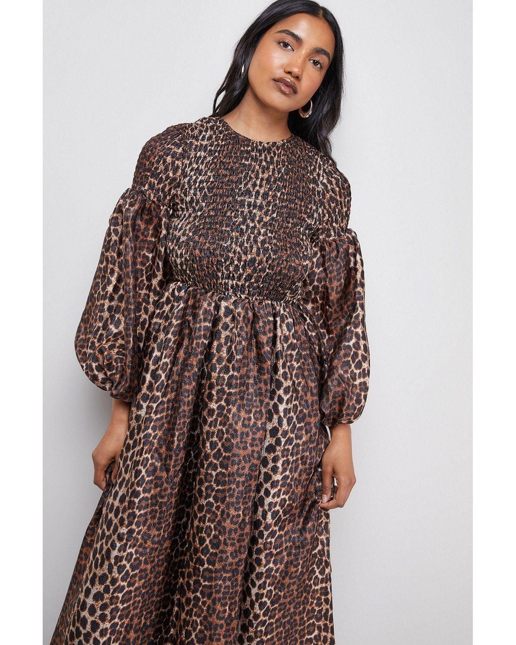 Warehouse Brown Textured Organza Shirred Midaxi Dress