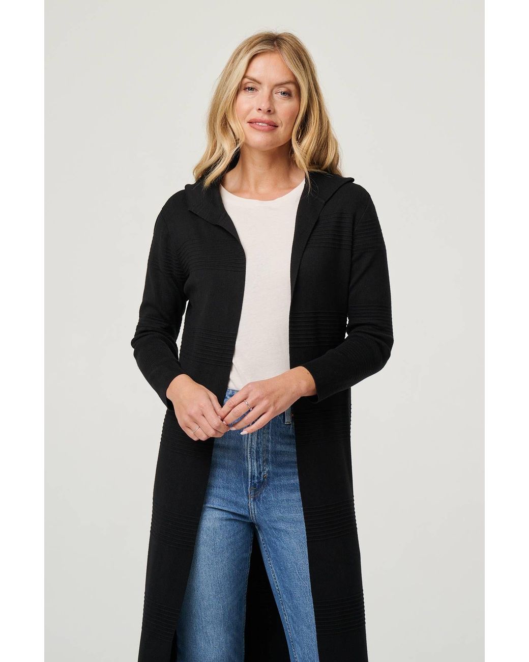 Izabel London Blue Hooded Open Front Longline Coat