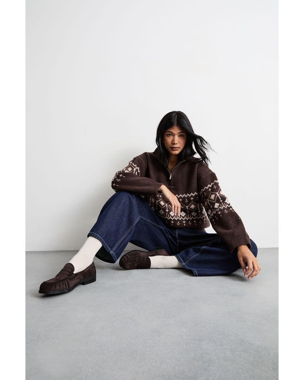 Warehouse Blue Fairisle Half Zip Jumper