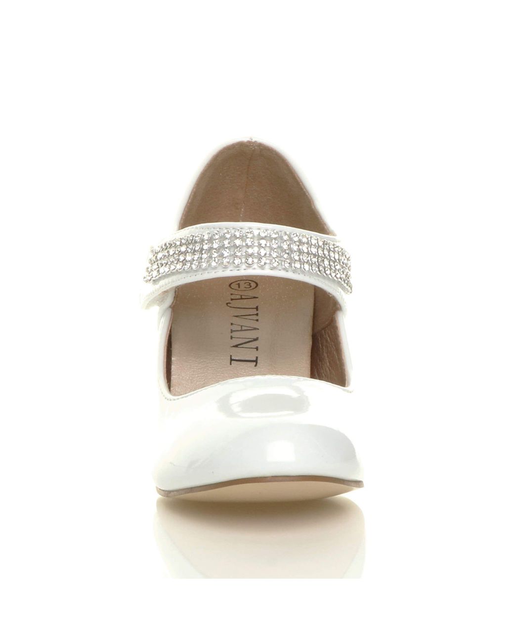 AJVANI White Mid Block Heel Patent Mary Janes