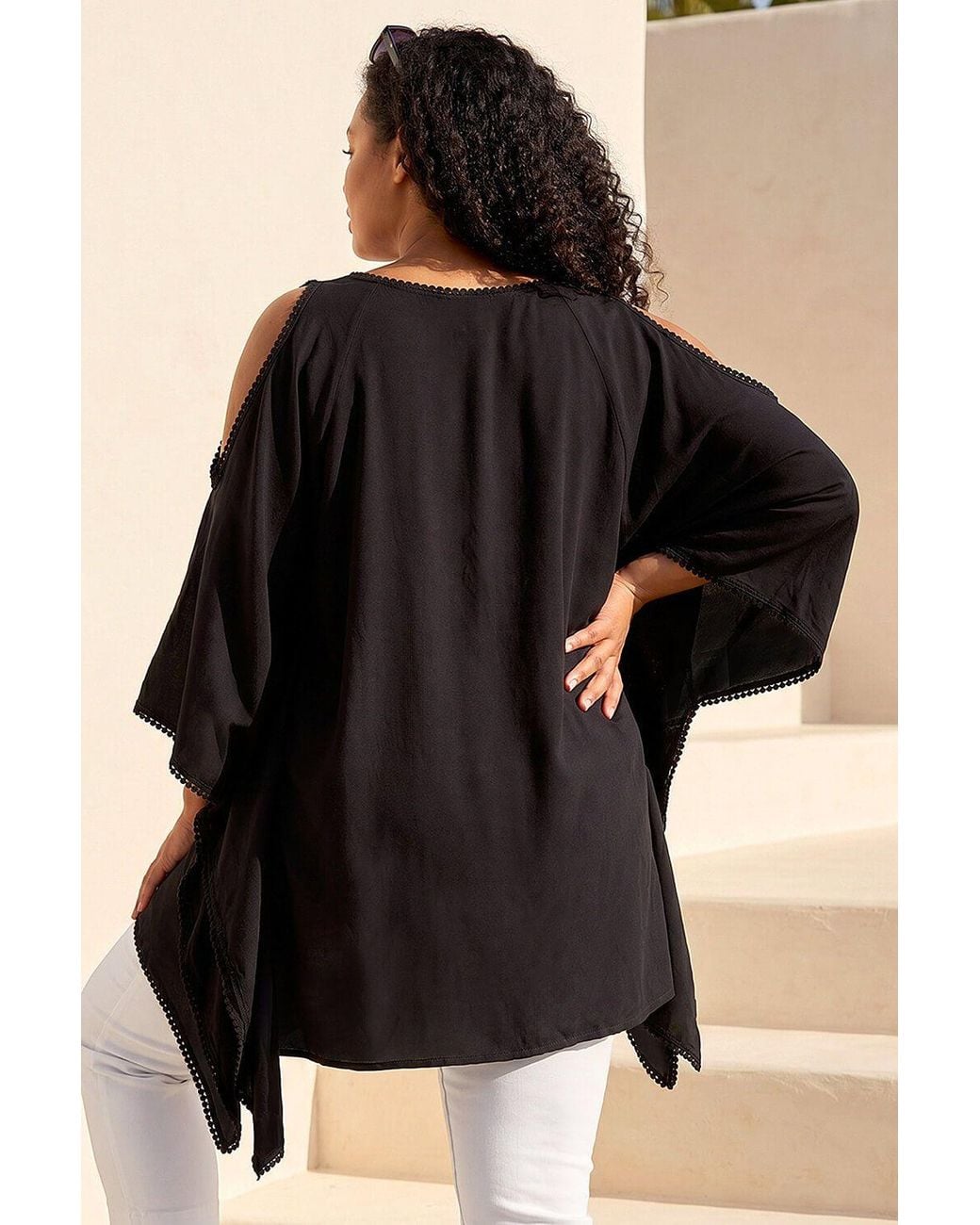 Roman Black Curve Bobble Trim Hanky Hem Top